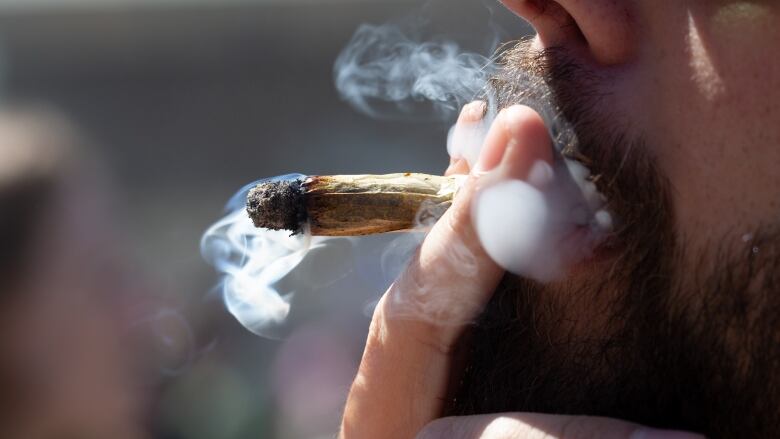 Smoke emanates from the mouth of a man smoking a rolled cannabis cigarette.