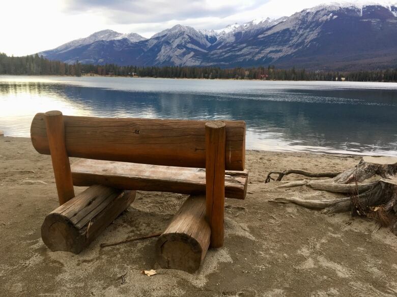 A park bench made of logs sits next to a lake with a mountain range visible on the other side.