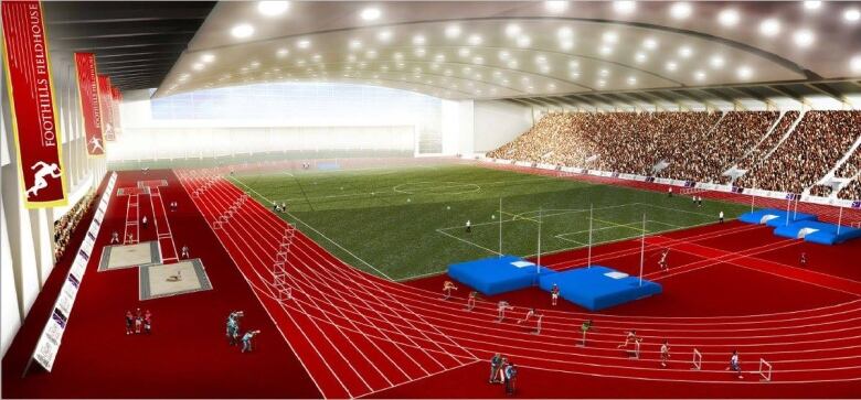 An artist's conception of the inside of a field house, with a green field and stands full of people.