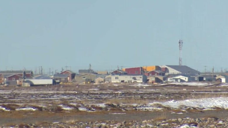 A small Arctic community is seen from afar.