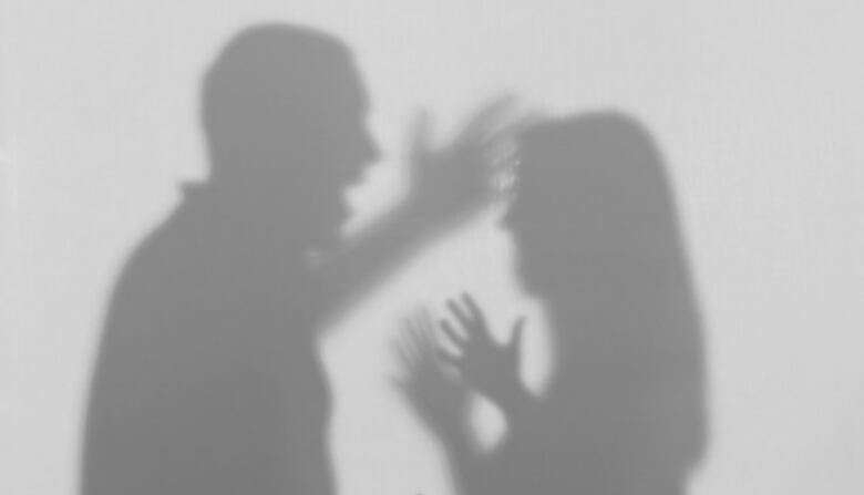 The shadows of what looks to be a man and a woman fighting show up on a wall.