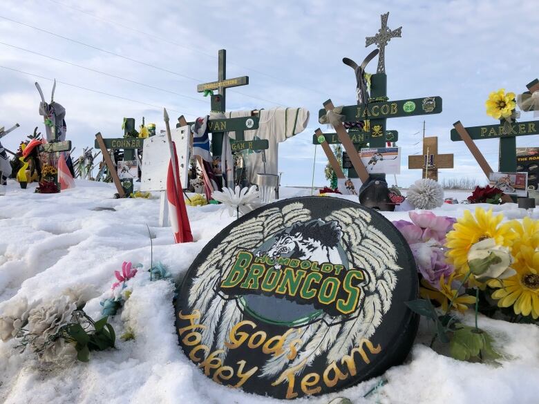 Memorial site set up to remember the 16 people killed in the April 6th, 2018 crash. 