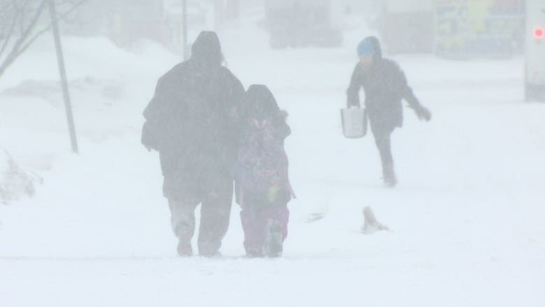 shadowy figures walk in a snowstorm