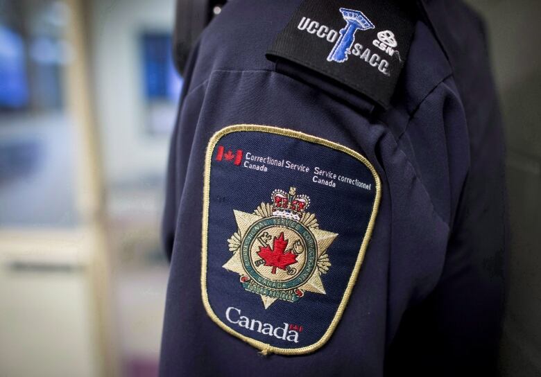 Patches are seen on the arm and shoulder of a corrections officer