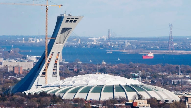 Montreal's Olympic Stadium with its iconic leaning mast.