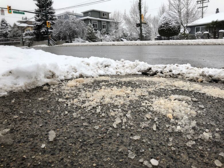 Large pieces of salt near a road.