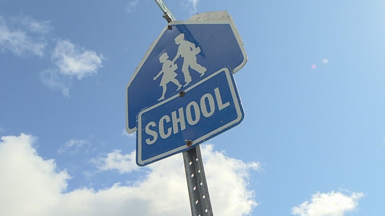 A blue school zone sign.