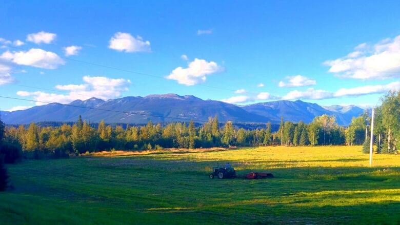 A wide-angle image of a tractor in a field with forest in the background and mountains on the horizon.