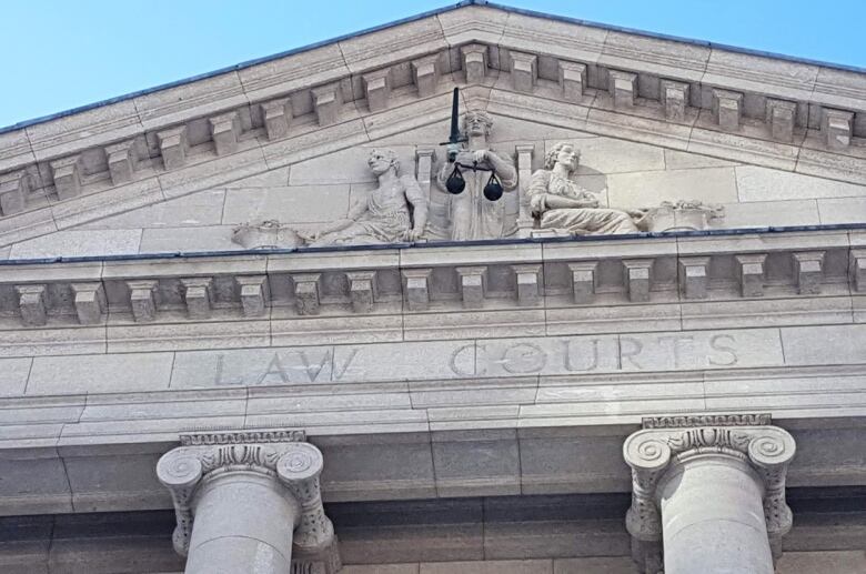 The exterior of a grey stone building with pillars and the engraved words 