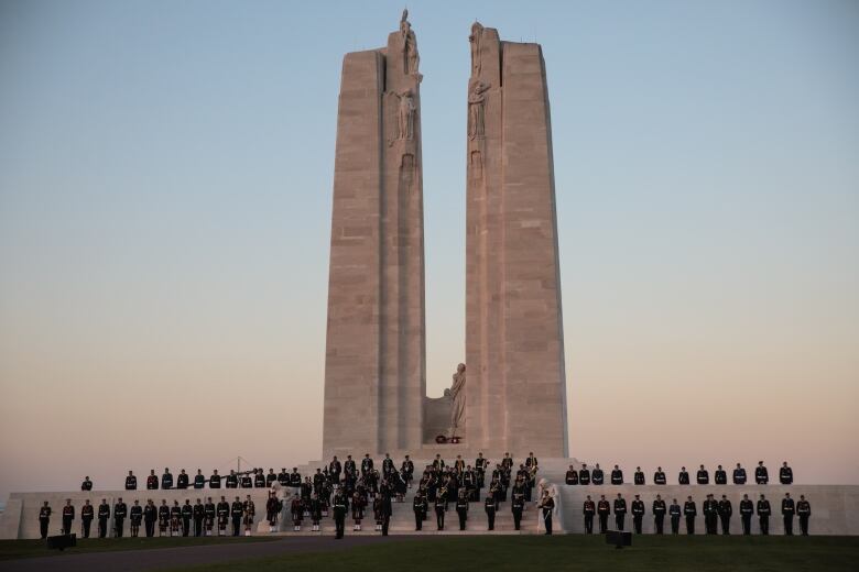 Members of the Canadian Armed Forces take part in a ceremony at the Canadian National Vimy Memorial.