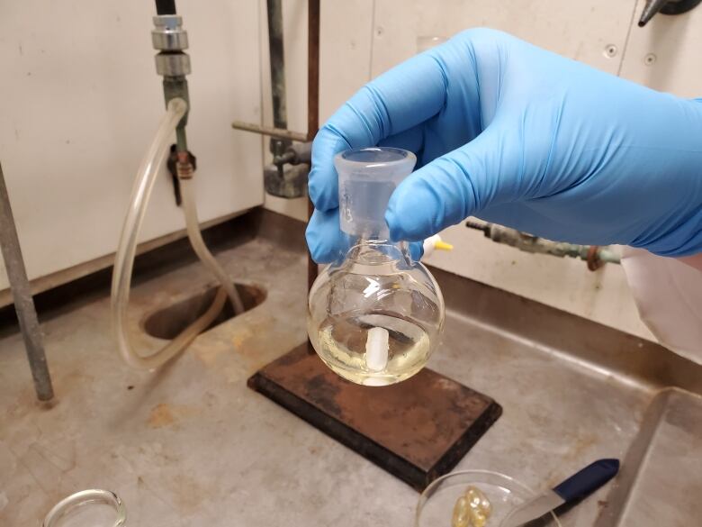 A gloved hand showcases a vial of oil.