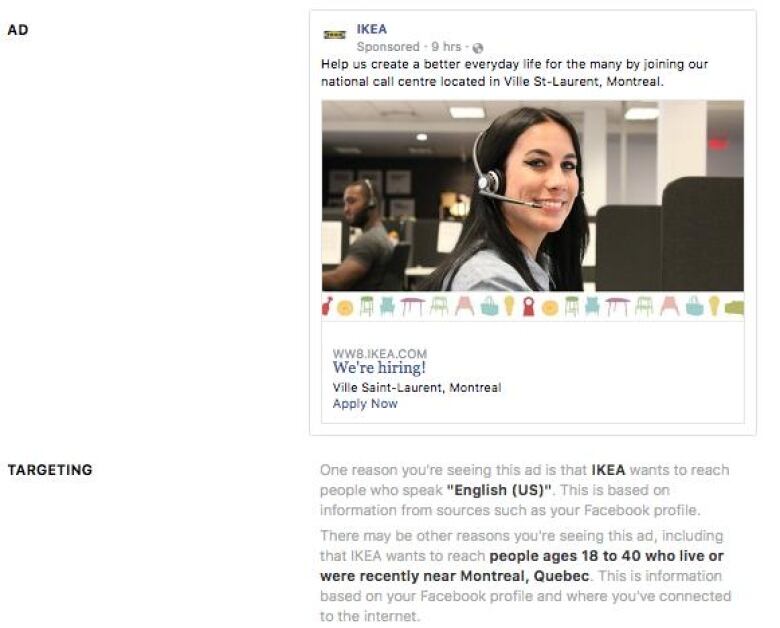 Facebook ad for a job at Ikea's call centre.