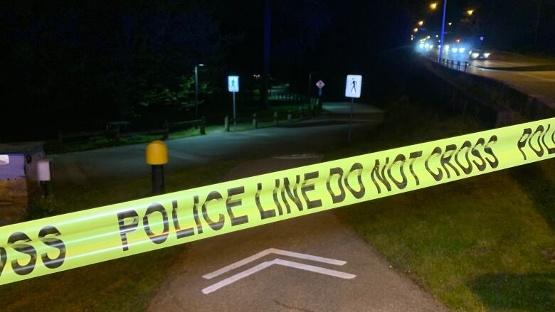 Police lane is seen at a bike lane leading to a park at night.