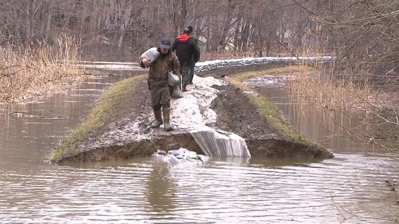 People standing around high levels of water dropping sandbags and dirt into it. 