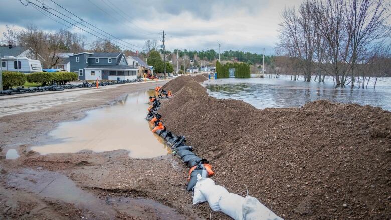 Sandbags lining the river.