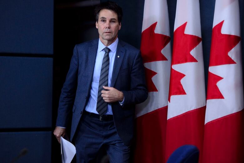 A man in a suit walks past a row of Canadian flags.