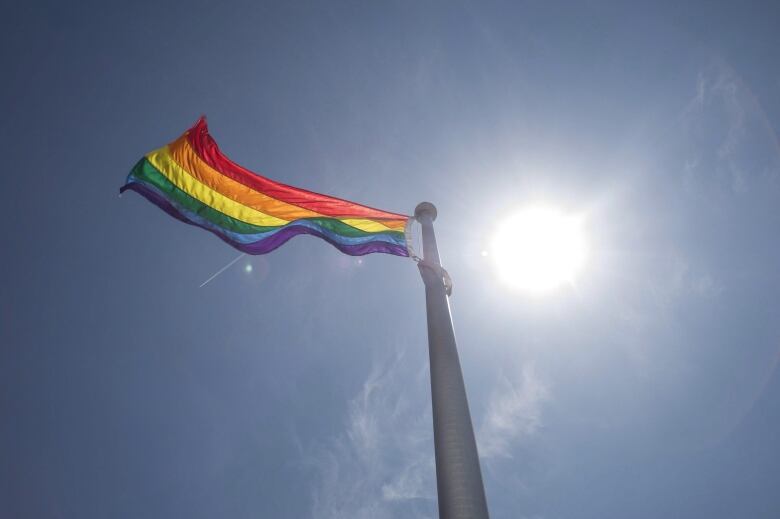 A pride flag hangs flaps in the wind at the top of a flagpole. A blue sky and sun are seen in the background.