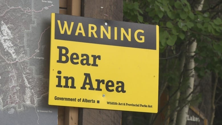 A bear warning sign attached to a wooden post.