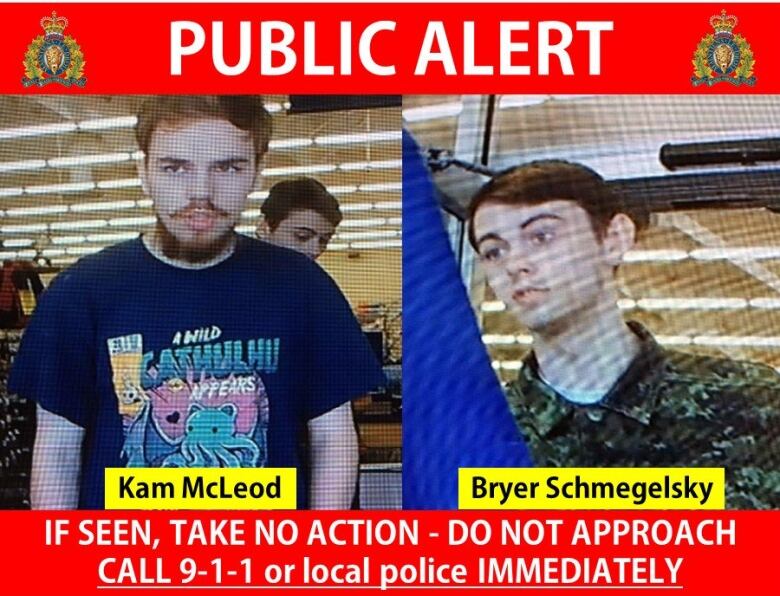 Split screen photos of two young men with the words PUBLIC ALERT above. Their photos are subtitled with two names: Kam McLeod and Bryer Schmegelsky. Below their photos the poster reads, 