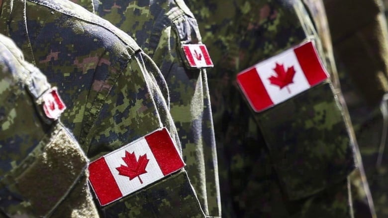 The shoulders of people wearing green camouflage and Canadian flags are shown.