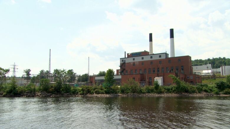 A brick building surrounded by shrubs is seen from the river.