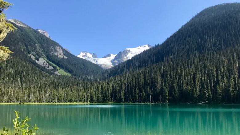 A picturesque lake of emerald green water framed by forests and snow-capped mountains under a clear blue sky.