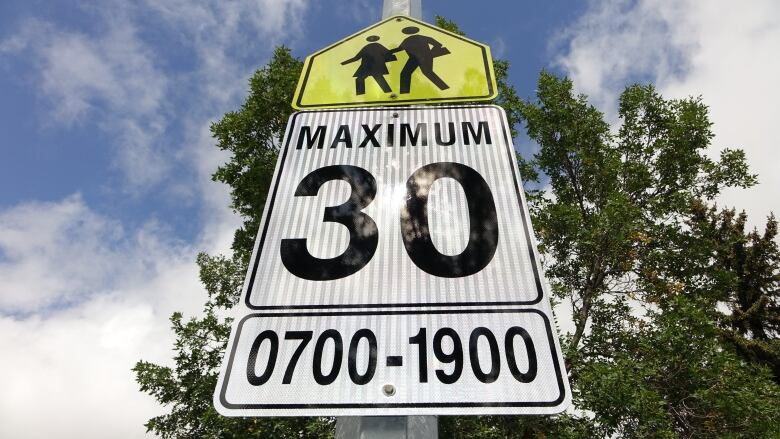 A picture of a posted speed limit in a school zone. 