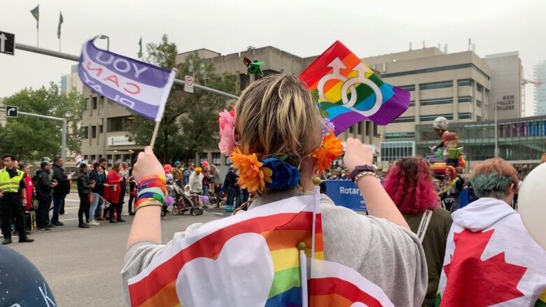 A rainbow flag and a transgender flag are pictured held by a person.