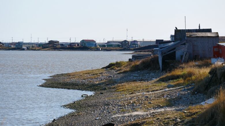 A coastal shoreline. There is gravel along the shore, before it's turns to grass and there are houses. 