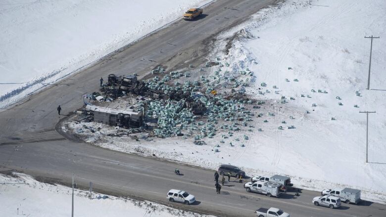 An aerial view of the aftermath of the crash between the Humboldt Broncos junior hockey team bus and a tractor trailer.