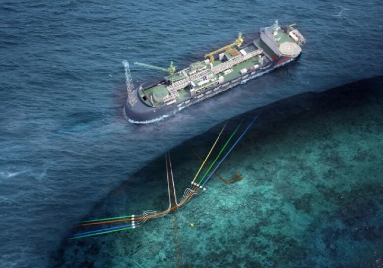 A rendering of a huge boat in the ocean.