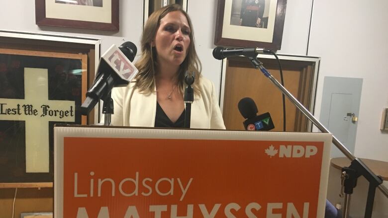 Lindsay Mathyssen delivers a victory speech after being elected as the region's lone NDP MP in the riding of London Fanshawe. 