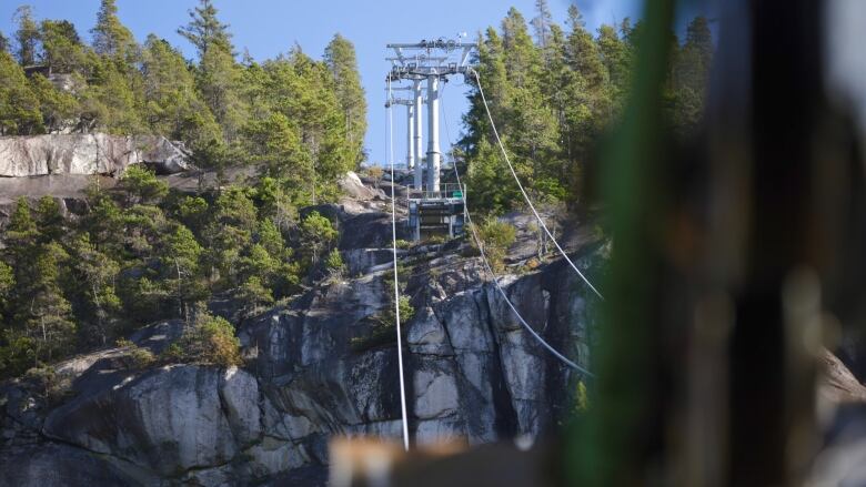 A gondola line atop a mountain.