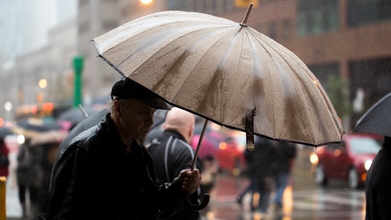 A man holding an umbrella on a rainy day.