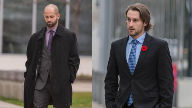 Two men in formal clothing walk outside.