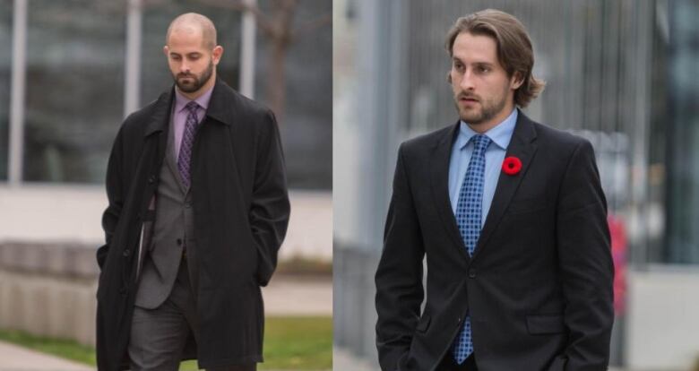 Two men in formal clothing walk outside.