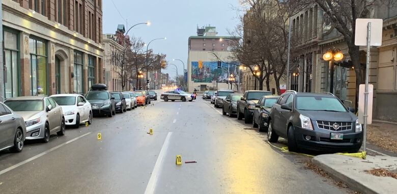 A police car blocks the far end of a street that has police markers lying on it.