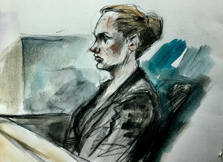 A court sketch of a woman giving testimony.