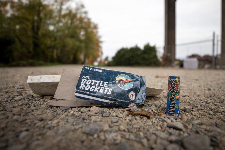 Discarded fireworks in a Vancouver park. Opponents of fireworks often cite environmental damage as a reason for supporting a ban on their sale and use.