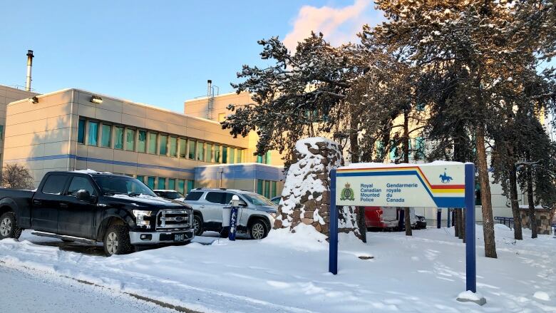 RCMp building on snowy day.