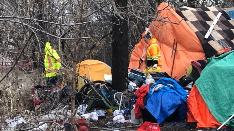 Tents and tarps in a forested area.