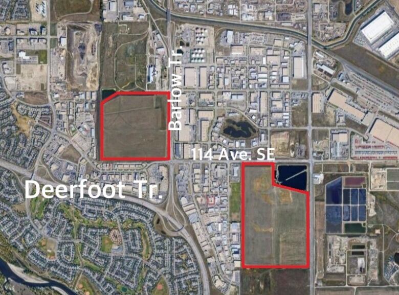 A map shows where the two solar farms will go in southeast Calgary.