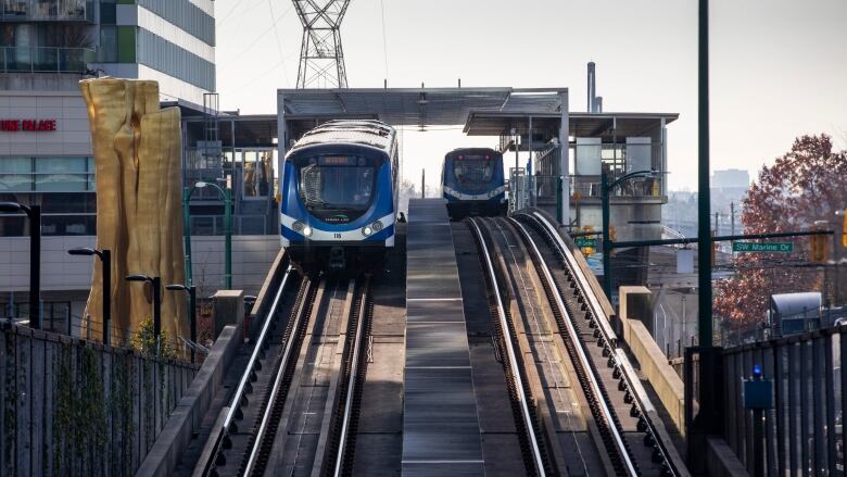 A SkyTrain is shown on the Canada Line in November 2019. 