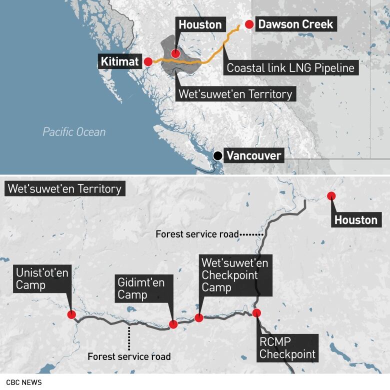 Map showing where the pipeline was constructed and locations of Wet'suwet'en camps. 