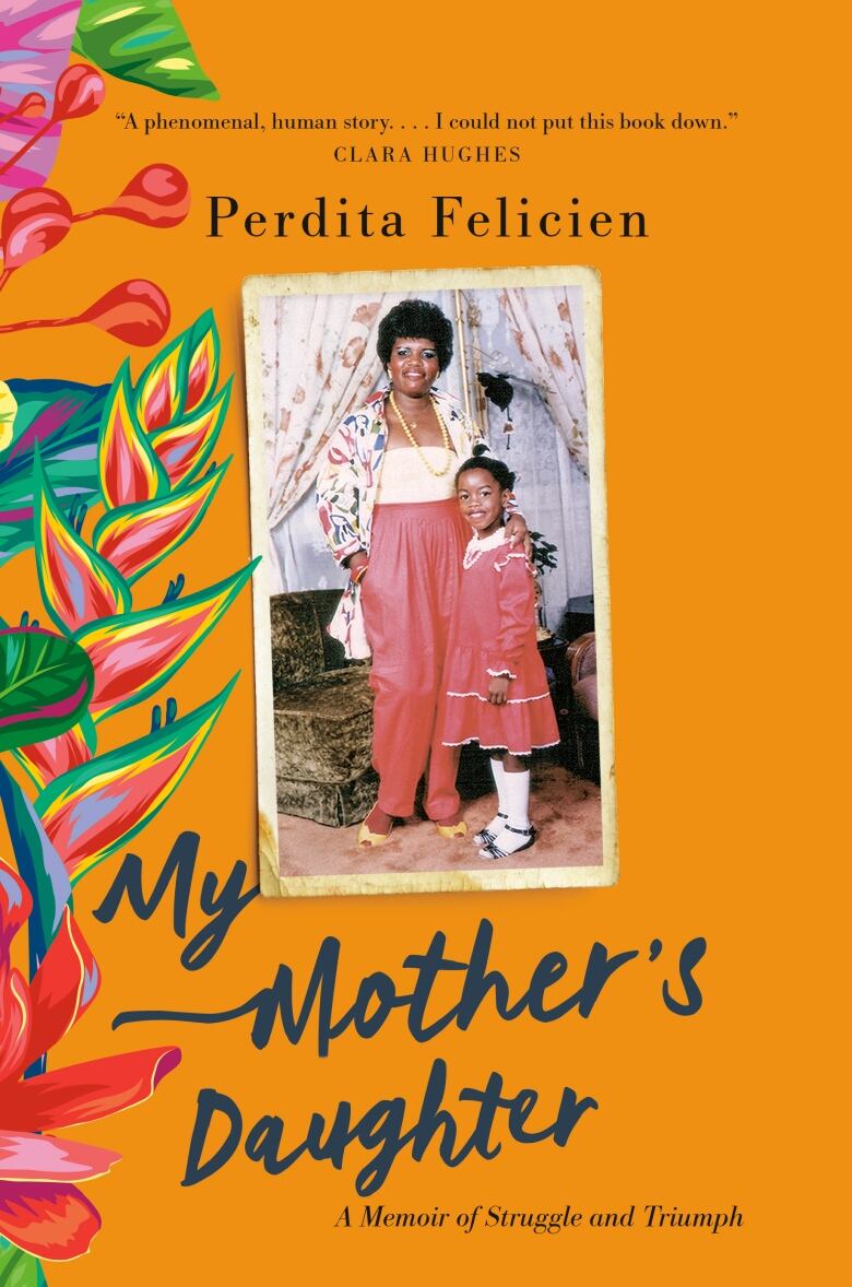 An orange book cover with red and green flowers and a photo of a woman and her daughter.