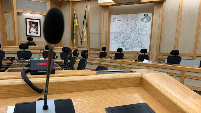 Speaker box with microphone at saskatoon city council