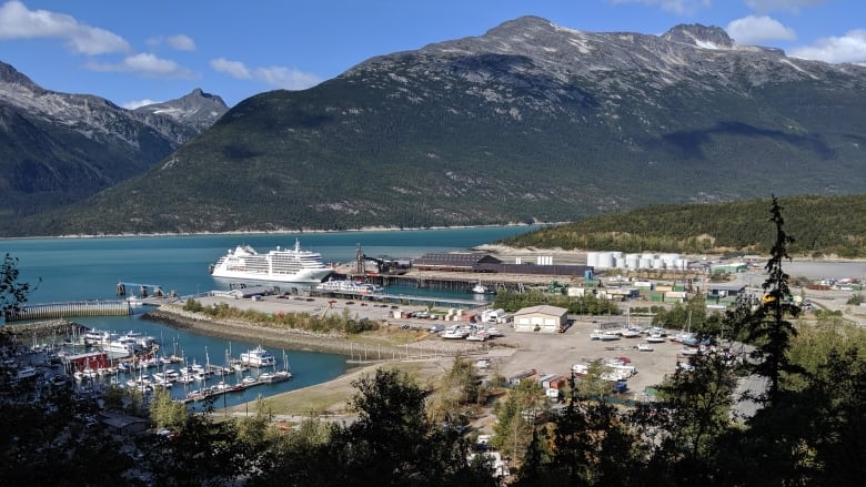 Photo shows the port of Skagway from above, with one cruise ship at a dock. 