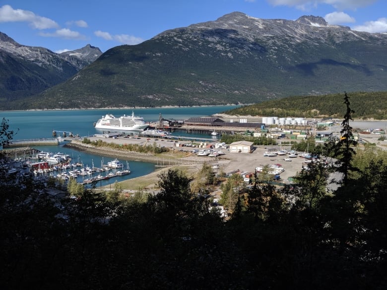 Photo shows the port of Skagway from above, with one cruise ship at a dock. 