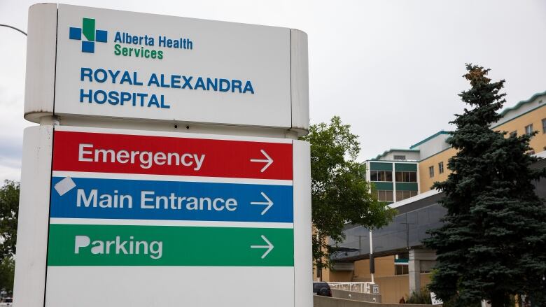 Royal Alexandra Hospital hospital sign with directions to emergency, parking and the main entrance.