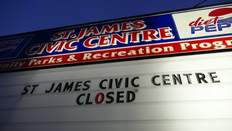 A community centre sign reads 'St. James Civic Centre closed.'